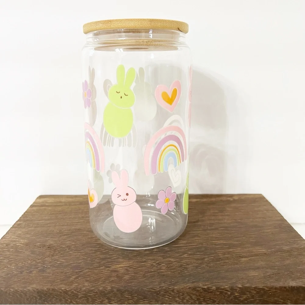 Bunny and Rainbow Libbey Glass Can with Bamboo Lid and Straw